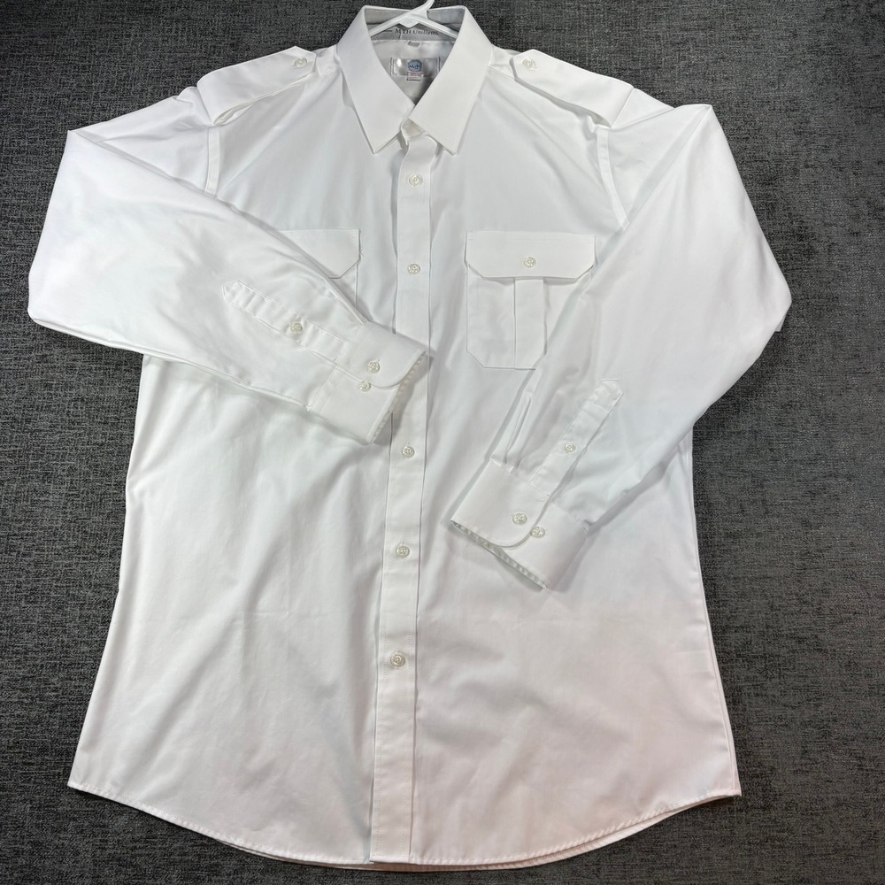 M&H Uniforms Pilot Shirt Mens 17 34/35 White Tapered Fit Epaulets Long Sleeve